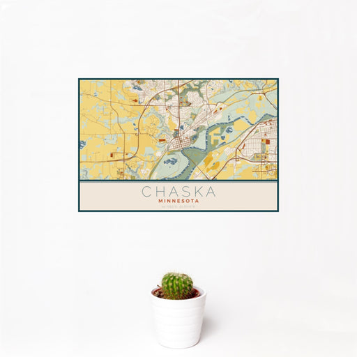 12x18 Chaska Minnesota Map Print Landscape Orientation in Woodblock Style With Small Cactus Plant in White Planter