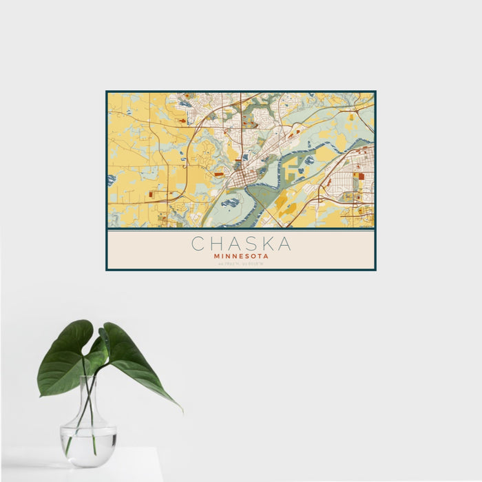 16x24 Chaska Minnesota Map Print Landscape Orientation in Woodblock Style With Tropical Plant Leaves in Water