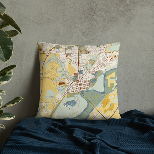 Custom Chaska Minnesota Map Throw Pillow in Woodblock on Bedding Against Wall