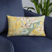 Custom Chaska Minnesota Map Throw Pillow in Woodblock on Blue Colored Chair