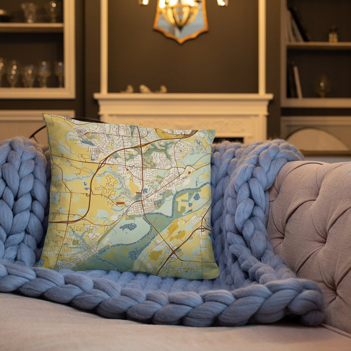 Custom Chaska Minnesota Map Throw Pillow in Woodblock on Cream Colored Couch