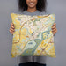 Person holding 18x18 Custom Chaska Minnesota Map Throw Pillow in Woodblock