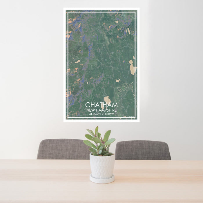 24x36 Chatham New Hampshire Map Print Portrait Orientation in Afternoon Style Behind 2 Chairs Table and Potted Plant