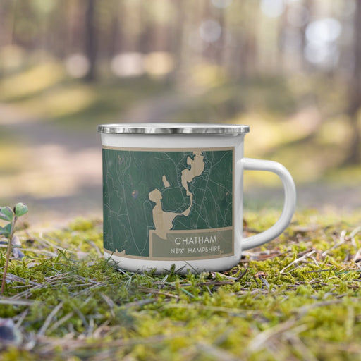 Right View Custom Chatham New Hampshire Map Enamel Mug in Afternoon on Grass With Trees in Background