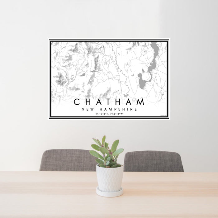 24x36 Chatham New Hampshire Map Print Landscape Orientation in Classic Style Behind 2 Chairs Table and Potted Plant