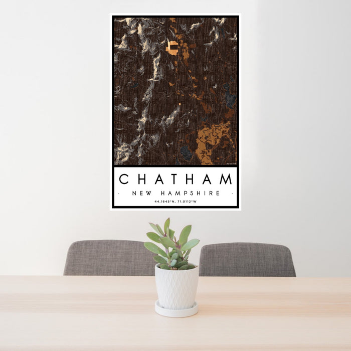 24x36 Chatham New Hampshire Map Print Portrait Orientation in Ember Style Behind 2 Chairs Table and Potted Plant