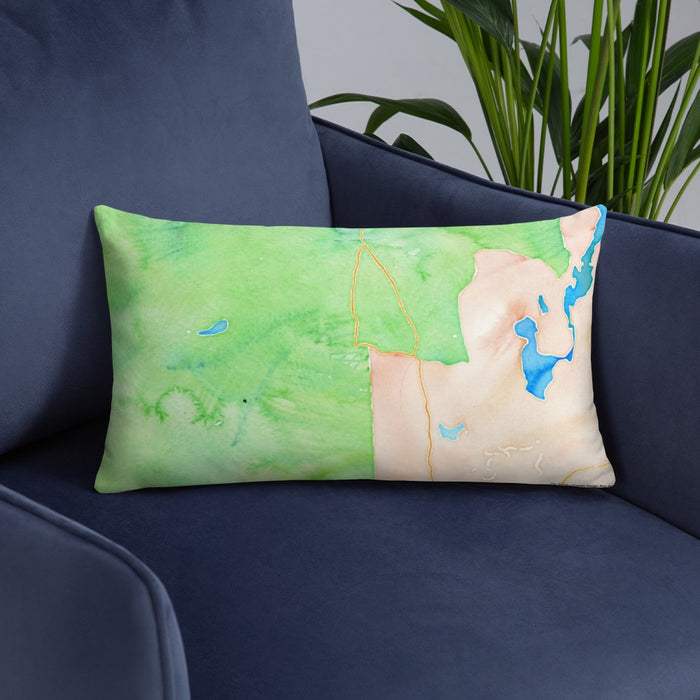 Custom Chatham New Hampshire Map Throw Pillow in Watercolor on Blue Colored Chair