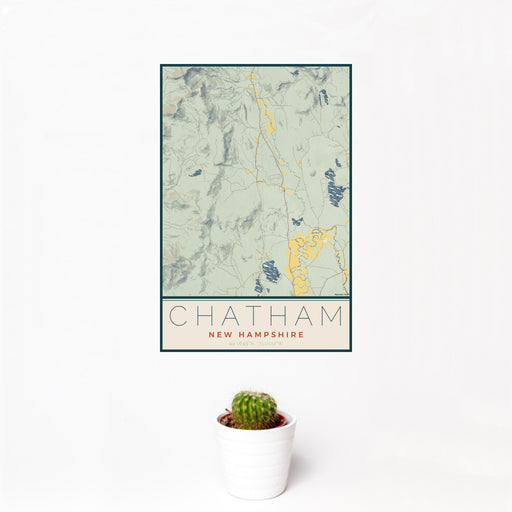 12x18 Chatham New Hampshire Map Print Portrait Orientation in Woodblock Style With Small Cactus Plant in White Planter