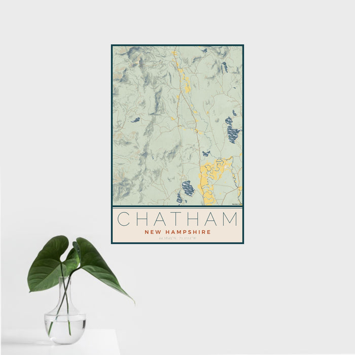 16x24 Chatham New Hampshire Map Print Portrait Orientation in Woodblock Style With Tropical Plant Leaves in Water