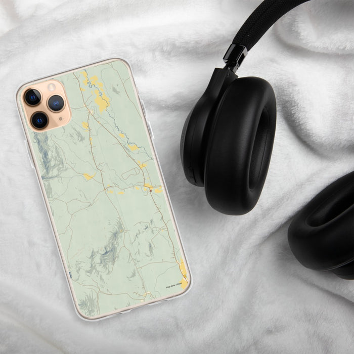 Custom Chatham New Hampshire Map Phone Case in Woodblock on Table with Black Headphones