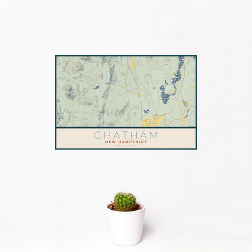 12x18 Chatham New Hampshire Map Print Landscape Orientation in Woodblock Style With Small Cactus Plant in White Planter