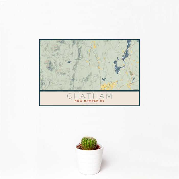 12x18 Chatham New Hampshire Map Print Landscape Orientation in Woodblock Style With Small Cactus Plant in White Planter