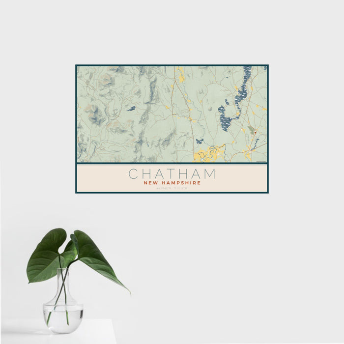 16x24 Chatham New Hampshire Map Print Landscape Orientation in Woodblock Style With Tropical Plant Leaves in Water