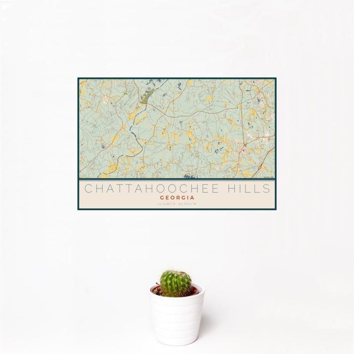 12x18 Chattahoochee Hills Georgia Map Print Landscape Orientation in Woodblock Style With Small Cactus Plant in White Planter
