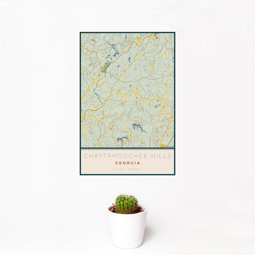 12x18 Chattahoochee Hills Georgia Map Print Portrait Orientation in Woodblock Style With Small Cactus Plant in White Planter