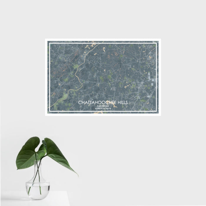 16x24 Chattahoochee Hills Georgia Map Print Landscape Orientation in Afternoon Style With Tropical Plant Leaves in Water