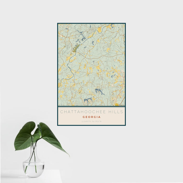 16x24 Chattahoochee Hills Georgia Map Print Portrait Orientation in Woodblock Style With Tropical Plant Leaves in Water