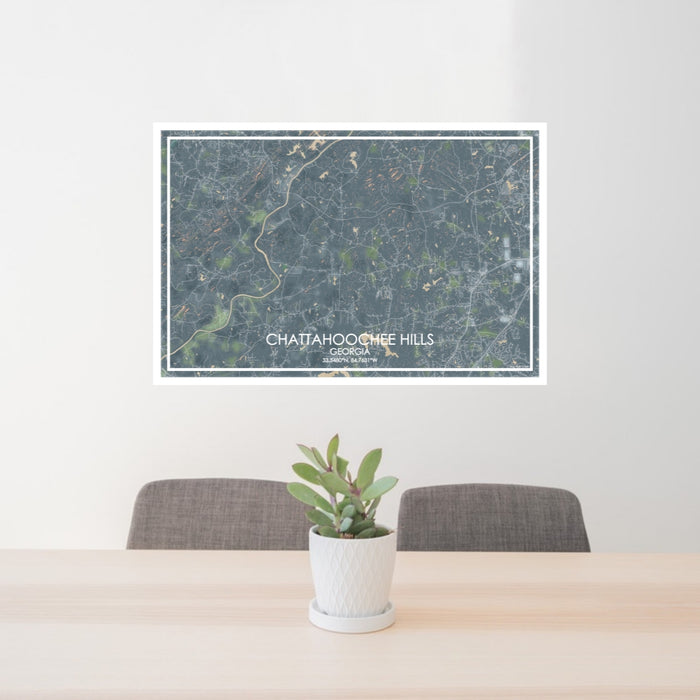 24x36 Chattahoochee Hills Georgia Map Print Lanscape Orientation in Afternoon Style Behind 2 Chairs Table and Potted Plant