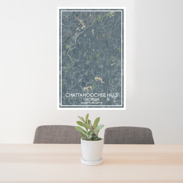 24x36 Chattahoochee Hills Georgia Map Print Portrait Orientation in Afternoon Style Behind 2 Chairs Table and Potted Plant