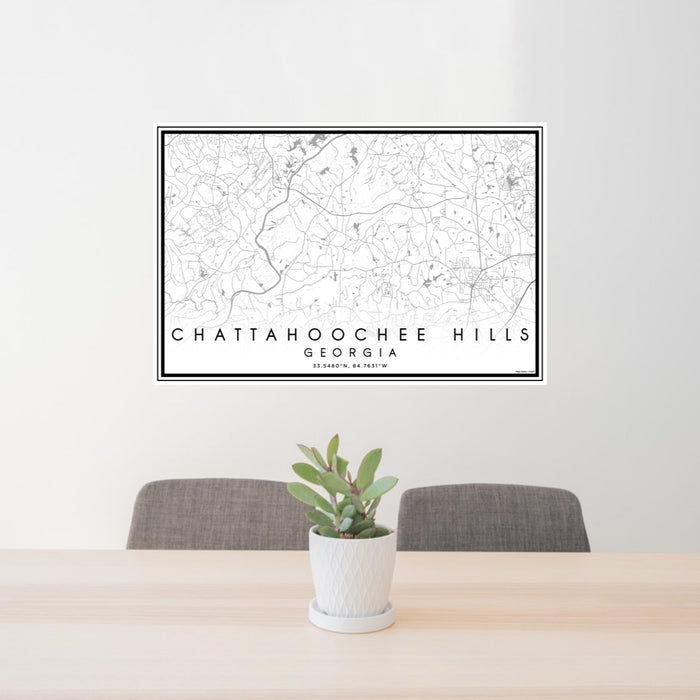 24x36 Chattahoochee Hills Georgia Map Print Lanscape Orientation in Classic Style Behind 2 Chairs Table and Potted Plant
