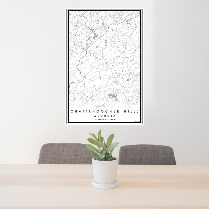 24x36 Chattahoochee Hills Georgia Map Print Portrait Orientation in Classic Style Behind 2 Chairs Table and Potted Plant