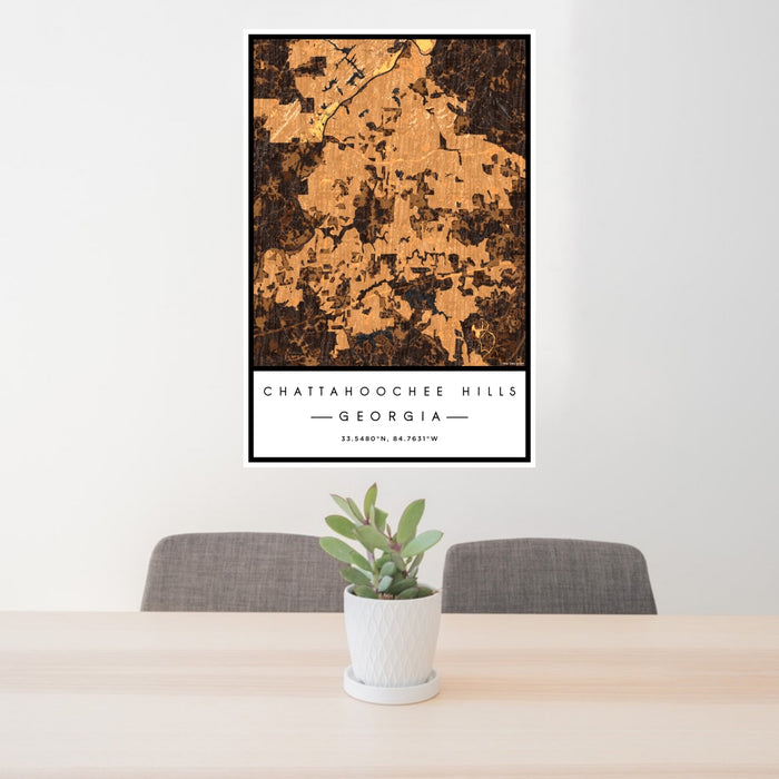 24x36 Chattahoochee Hills Georgia Map Print Portrait Orientation in Ember Style Behind 2 Chairs Table and Potted Plant