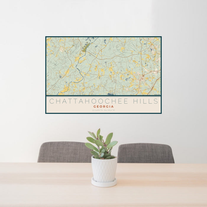 24x36 Chattahoochee Hills Georgia Map Print Lanscape Orientation in Woodblock Style Behind 2 Chairs Table and Potted Plant