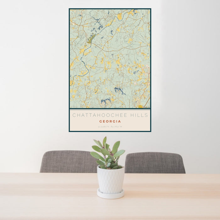 24x36 Chattahoochee Hills Georgia Map Print Portrait Orientation in Woodblock Style Behind 2 Chairs Table and Potted Plant