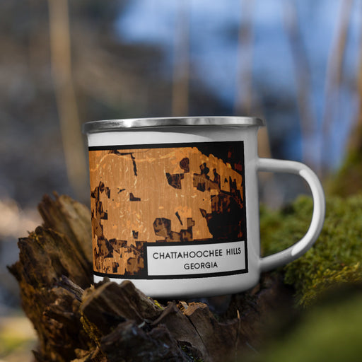 Right View Custom Chattahoochee Hills Georgia Map Enamel Mug in Ember on Grass With Trees in Background