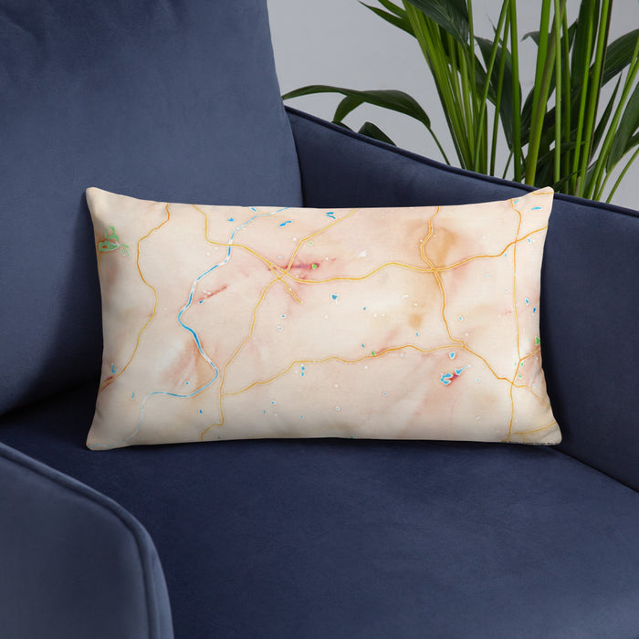 Custom Chattahoochee Hills Georgia Map Throw Pillow in Watercolor on Blue Colored Chair