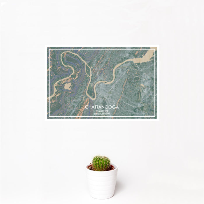12x18 Chattanooga Tennessee Map Print Landscape Orientation in Afternoon Style With Small Cactus Plant in White Planter