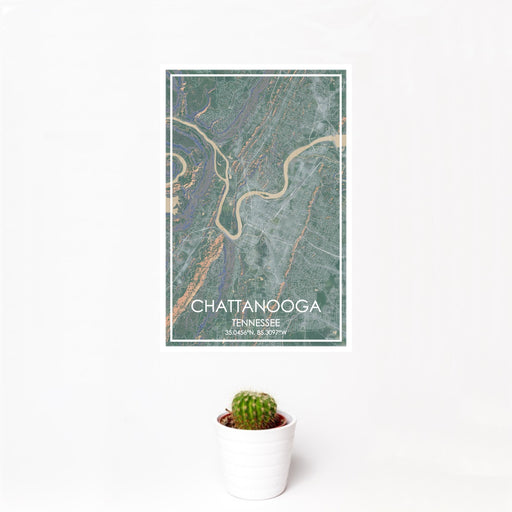 12x18 Chattanooga Tennessee Map Print Portrait Orientation in Afternoon Style With Small Cactus Plant in White Planter