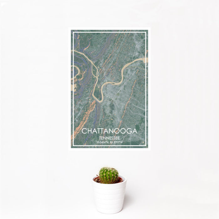 12x18 Chattanooga Tennessee Map Print Portrait Orientation in Afternoon Style With Small Cactus Plant in White Planter
