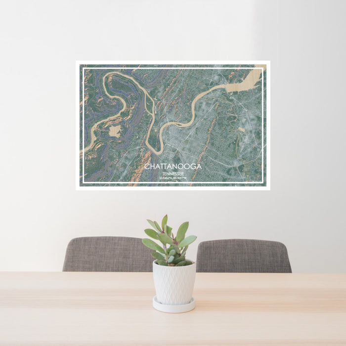 24x36 Chattanooga Tennessee Map Print Lanscape Orientation in Afternoon Style Behind 2 Chairs Table and Potted Plant