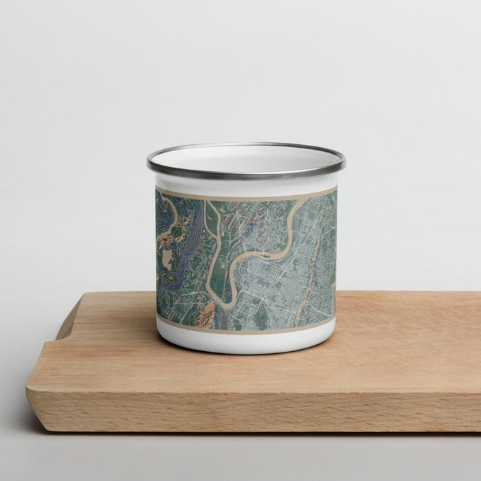 Front View Custom Chattanooga Tennessee Map Enamel Mug in Afternoon on Cutting Board
