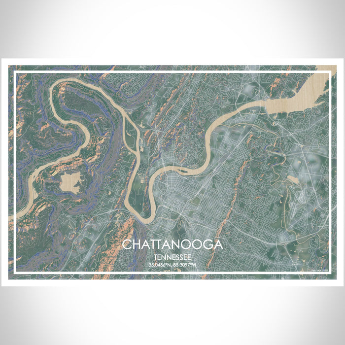 Chattanooga Tennessee Map Print Landscape Orientation in Afternoon Style With Shaded Background