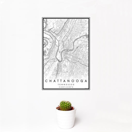 12x18 Chattanooga Tennessee Map Print Portrait Orientation in Classic Style With Small Cactus Plant in White Planter