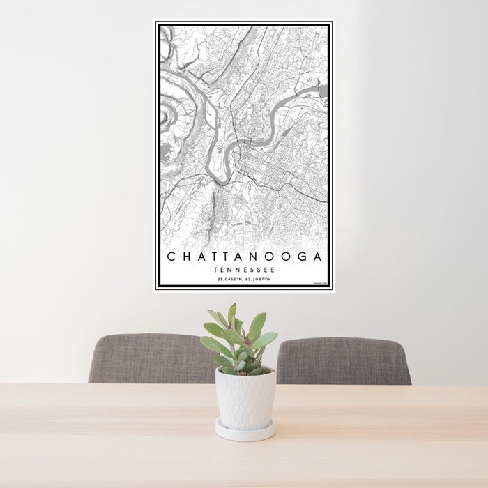 24x36 Chattanooga Tennessee Map Print Portrait Orientation in Classic Style Behind 2 Chairs Table and Potted Plant