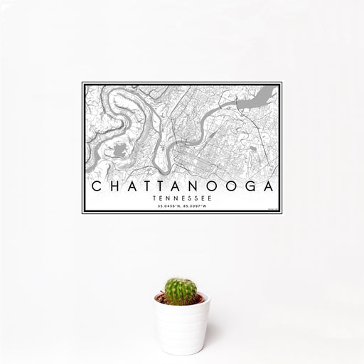 12x18 Chattanooga Tennessee Map Print Landscape Orientation in Classic Style With Small Cactus Plant in White Planter