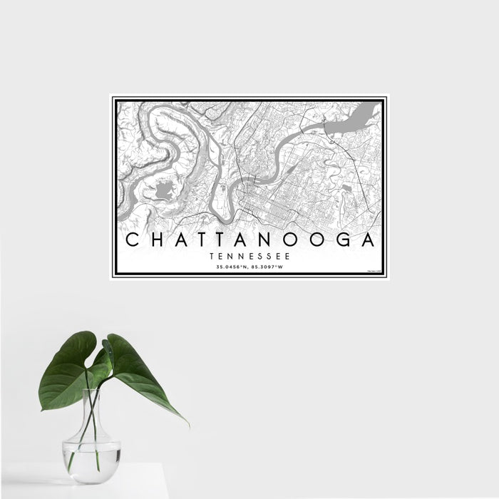 16x24 Chattanooga Tennessee Map Print Landscape Orientation in Classic Style With Tropical Plant Leaves in Water