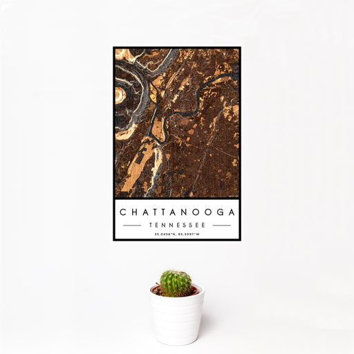 12x18 Chattanooga Tennessee Map Print Portrait Orientation in Ember Style With Small Cactus Plant in White Planter