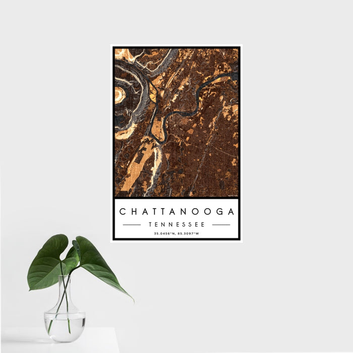 16x24 Chattanooga Tennessee Map Print Portrait Orientation in Ember Style With Tropical Plant Leaves in Water