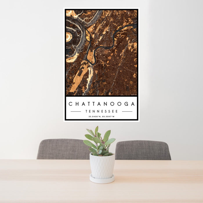 24x36 Chattanooga Tennessee Map Print Portrait Orientation in Ember Style Behind 2 Chairs Table and Potted Plant