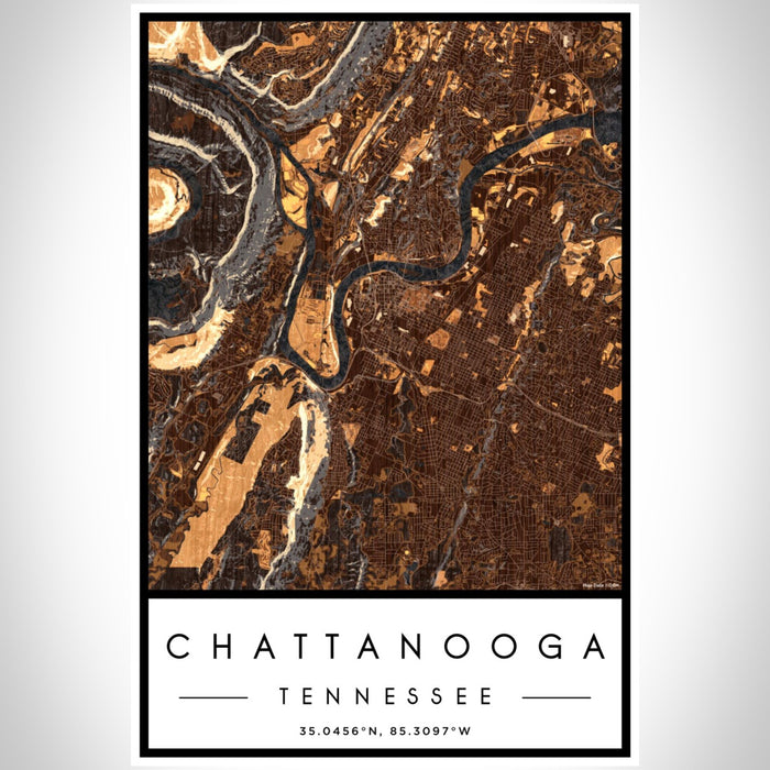 Chattanooga Tennessee Map Print Portrait Orientation in Ember Style With Shaded Background