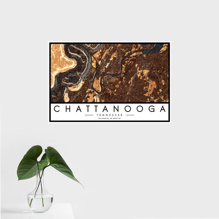 16x24 Chattanooga Tennessee Map Print Landscape Orientation in Ember Style With Tropical Plant Leaves in Water