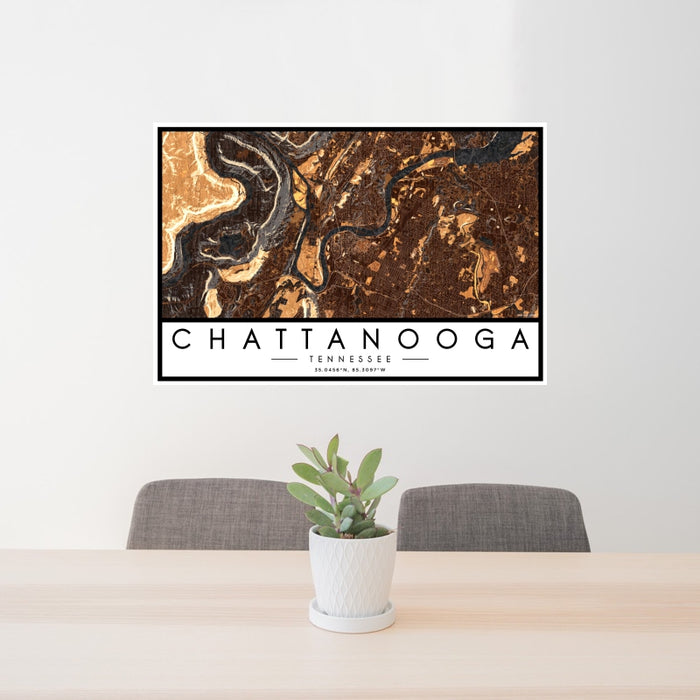 24x36 Chattanooga Tennessee Map Print Landscape Orientation in Ember Style Behind 2 Chairs Table and Potted Plant