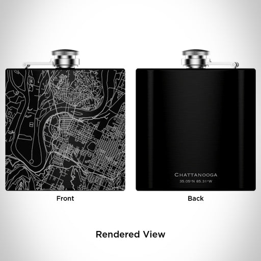 Rendered View of Chattanooga Tennessee Map Engraving on 6oz Stainless Steel Flask in Black