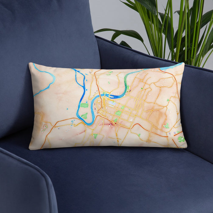 Custom Chattanooga Tennessee Map Throw Pillow in Watercolor on Blue Colored Chair