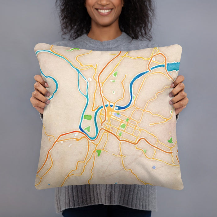 Person holding 18x18 Custom Chattanooga Tennessee Map Throw Pillow in Watercolor