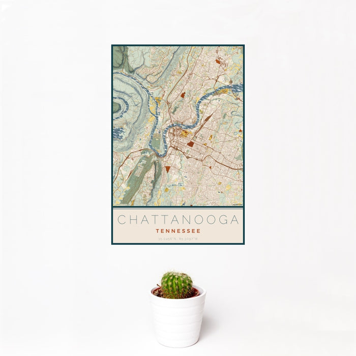 12x18 Chattanooga Tennessee Map Print Portrait Orientation in Woodblock Style With Small Cactus Plant in White Planter
